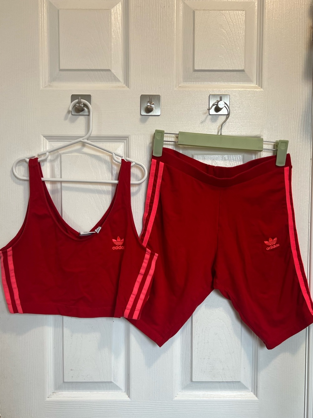 adidas Red Crop Tank and Shorts Set with Pink Stripes